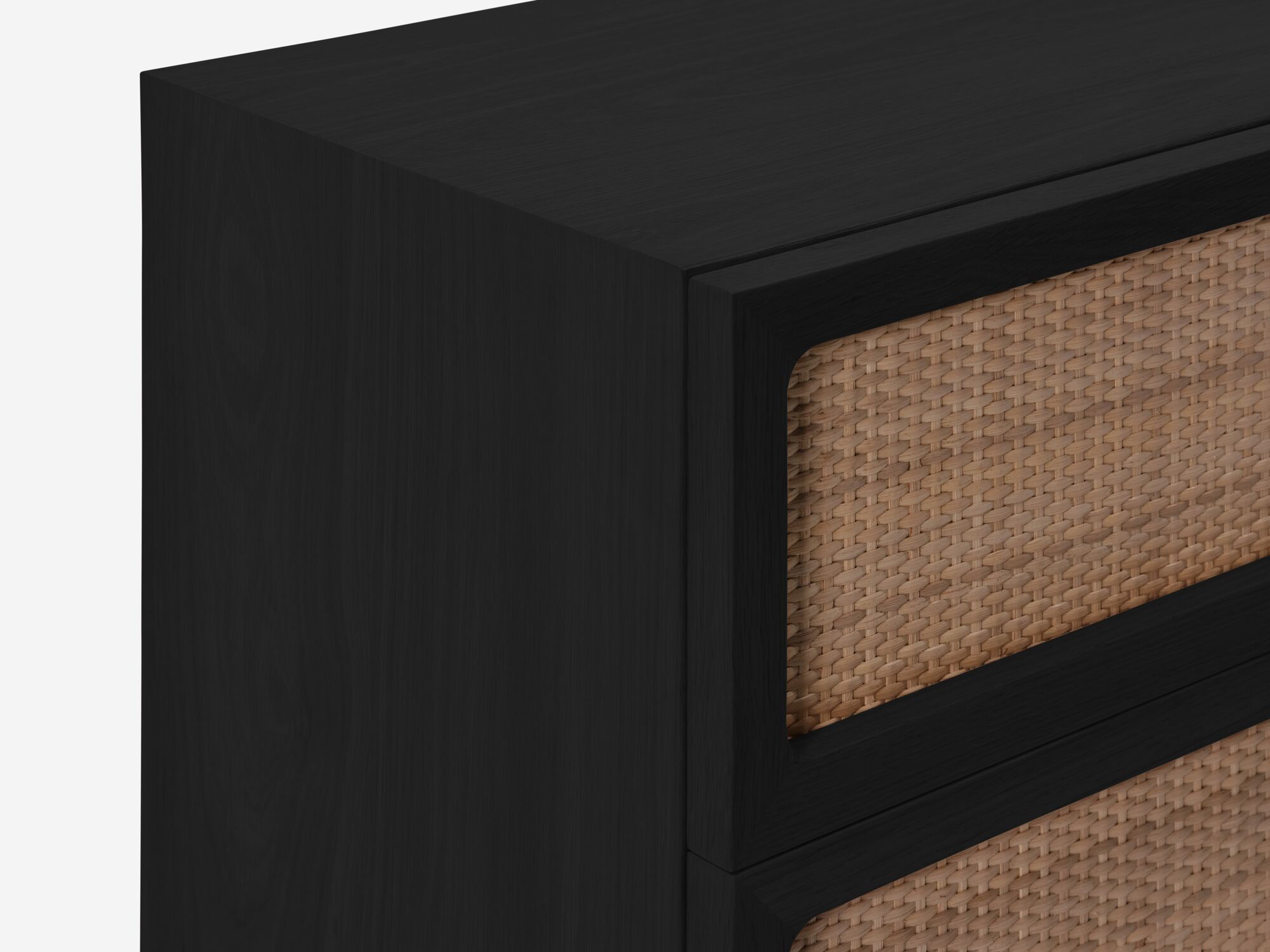 Black oak chest with woven drawer fronts top detail view